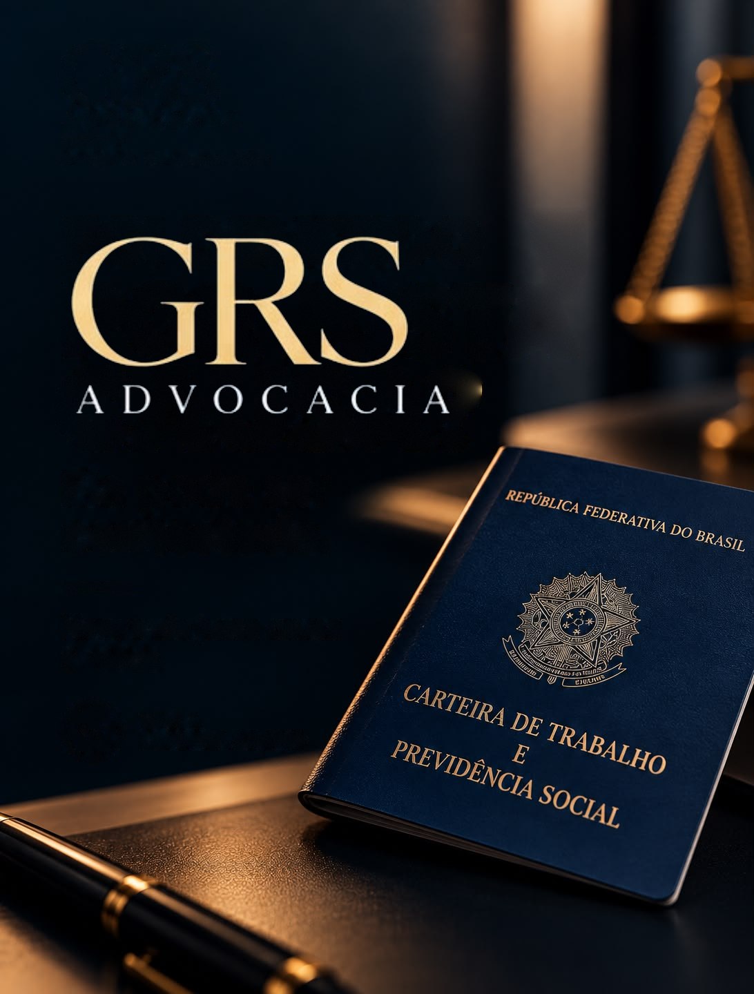 Logo GRS Advocacia sobre a mesa com a carteira de trabalho e a balança da justiça